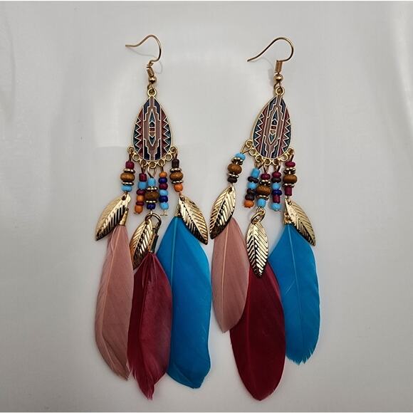 Multicolor Boho Feather Earrings - Picture 7 of 9